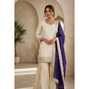 Spherevant Women's Silk Embroidered 3/4th Sleeve V-Neck Kurti With Sharara Pant and Dupatta Set (Cream & Purple)