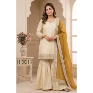 Spherevant Women's Silk Embroidered 3/4th Sleeve V-Neck Kurti With Sharara Pant and Dupatta Set (Cream & Yellow)