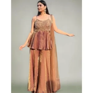 Spherevant Women's Silk Embroidered Sleeveless Round Kurti With Palazzo Pant and Dupatta Set (Brown)