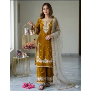 Spherevant Women's Silk Embroidered 3/4th Sleeve Round Kurti With Palazzo Pant and Dupatta Set (Gold)