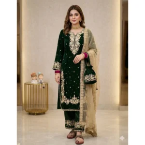 Spherevant Women's Silk Embroidered 3/4th Sleeve Round Kurti With Palazzo Pant and Dupatta Set (Dark Green)