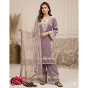 Spherevant Women's Silk Embroidered 3/4th Sleeve Round Kurti With Palazzo Pant and Dupatta Set (Lavender)