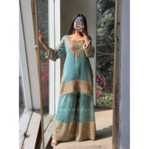 Spherevant Women's Silk Embroidered 3/4th Sleeve Round Kurti With Sharara Pant and Dupatta Set (Sea Green)