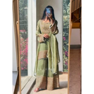 Spherevant Women's Silk Embroidered 3/4th Sleeve Round Kurti With Sharara Pant and Dupatta Set (Green)