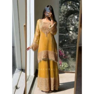 Spherevant Women's Silk Embroidered 3/4th Sleeve Round Kurti With Sharara Pant and Dupatta Set (Yellow)