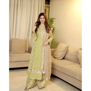 Spherevant Women's Silk Embroidered 3/4th Sleeve Round Readymade Kurti With Palazzo Pant and Dupatta Set (Pista)