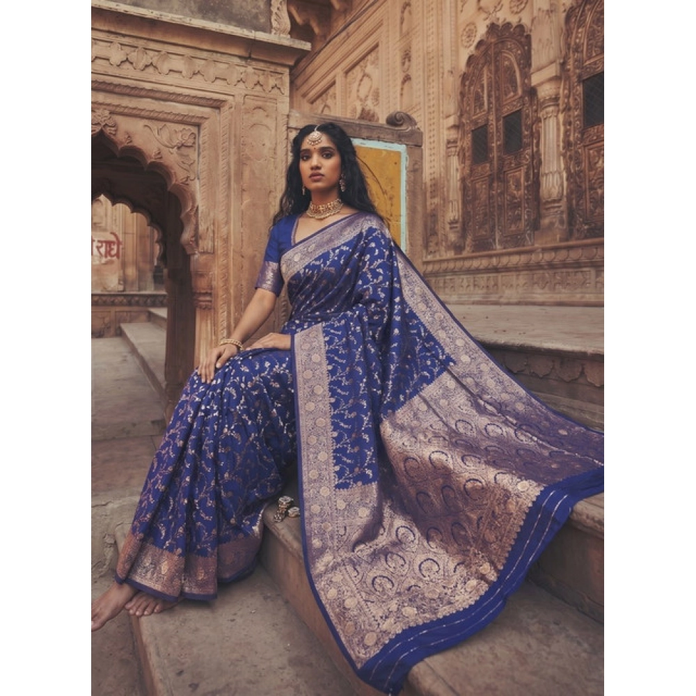 Spherevant Women's Art Silk Printed Saree With Unstitched Blouse 5.5Mtr (Navy Blue)