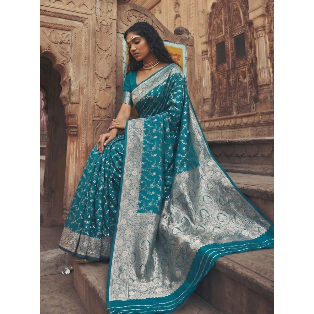 Spherevant Women's Art Silk Printed Saree With Unstitched Blouse 5.5Mtr (Teal)