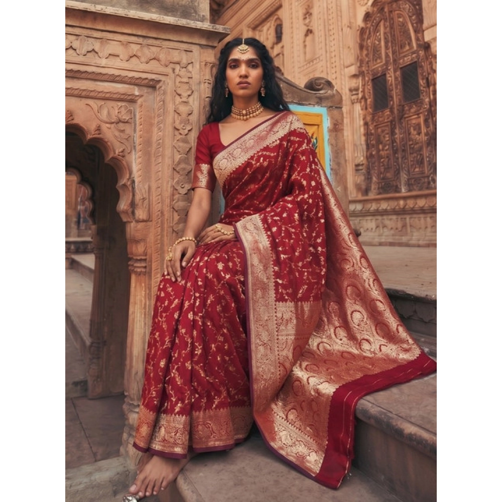 Spherevant Women's Art Silk Printed Saree With Unstitched Blouse 5.5Mtr (Red)