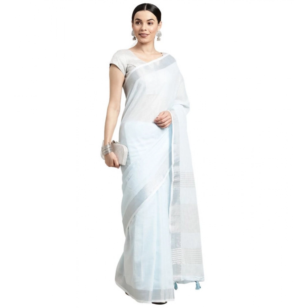 Spherevant Women's Linen Cotton Striped Saree With Unstitched Blouse 5.5Mtr (Sky Blue) - Image 2
