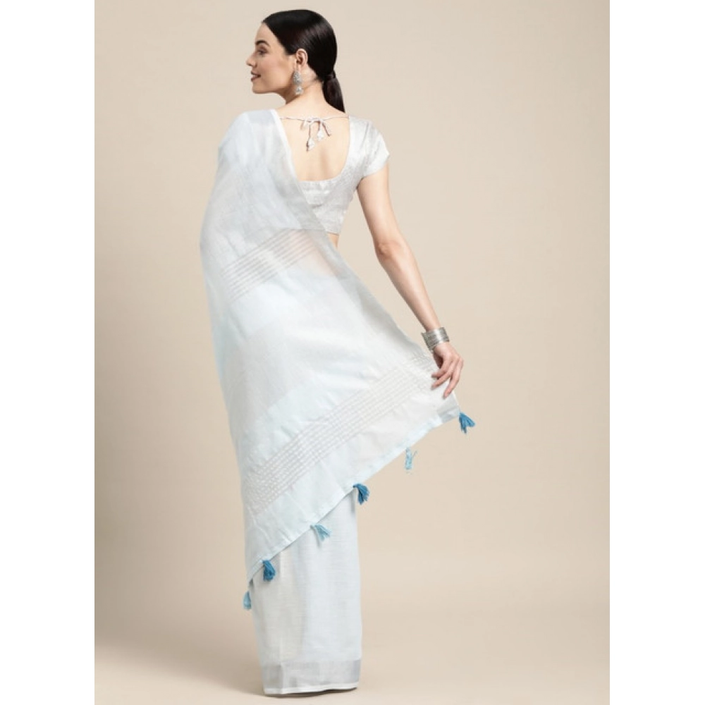 Spherevant Women's Linen Cotton Striped Saree With Unstitched Blouse 5.5Mtr (Sky Blue) - Image 3