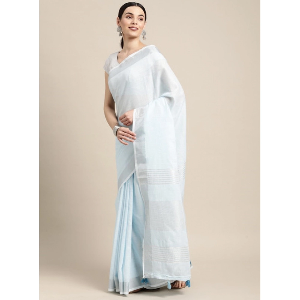 Spherevant Women's Linen Cotton Striped Saree With Unstitched Blouse 5.5Mtr (Sky Blue) - Image 4