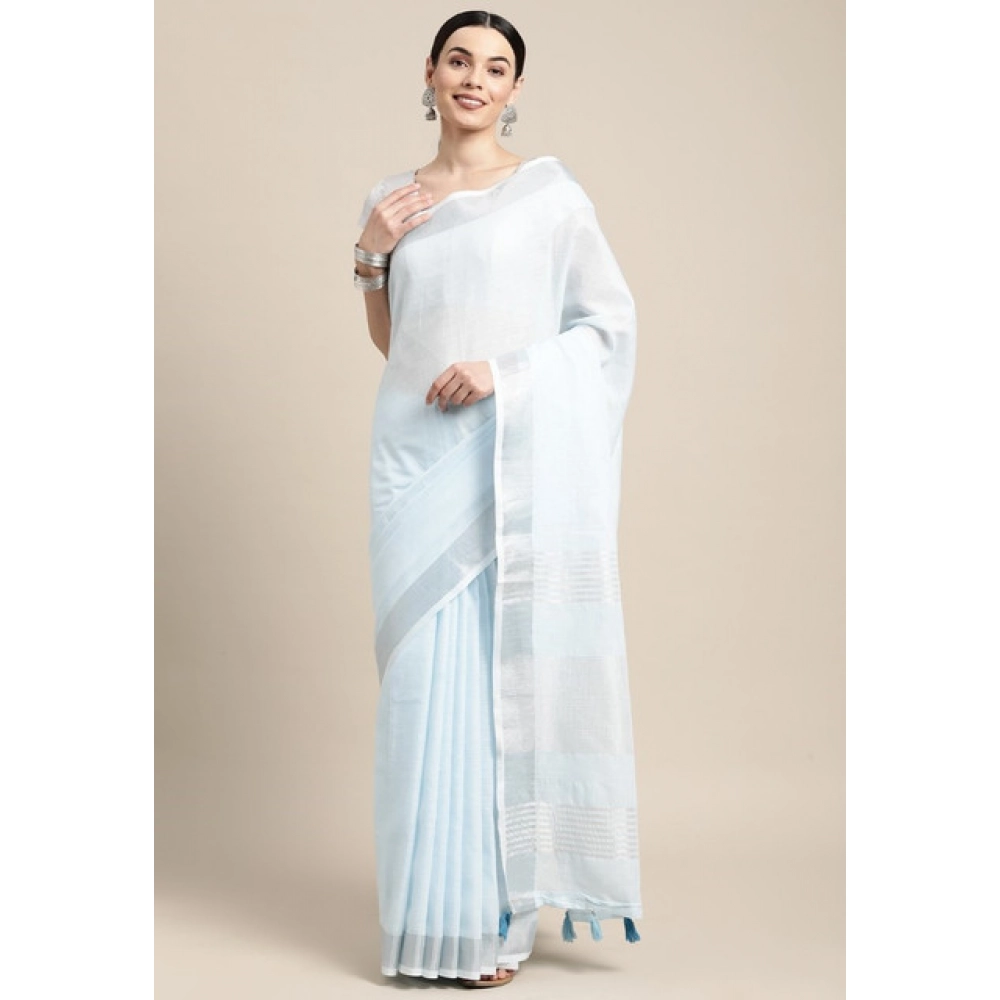 Spherevant Women's Linen Cotton Striped Saree With Unstitched Blouse 5.5Mtr (Sky Blue) - Image 5