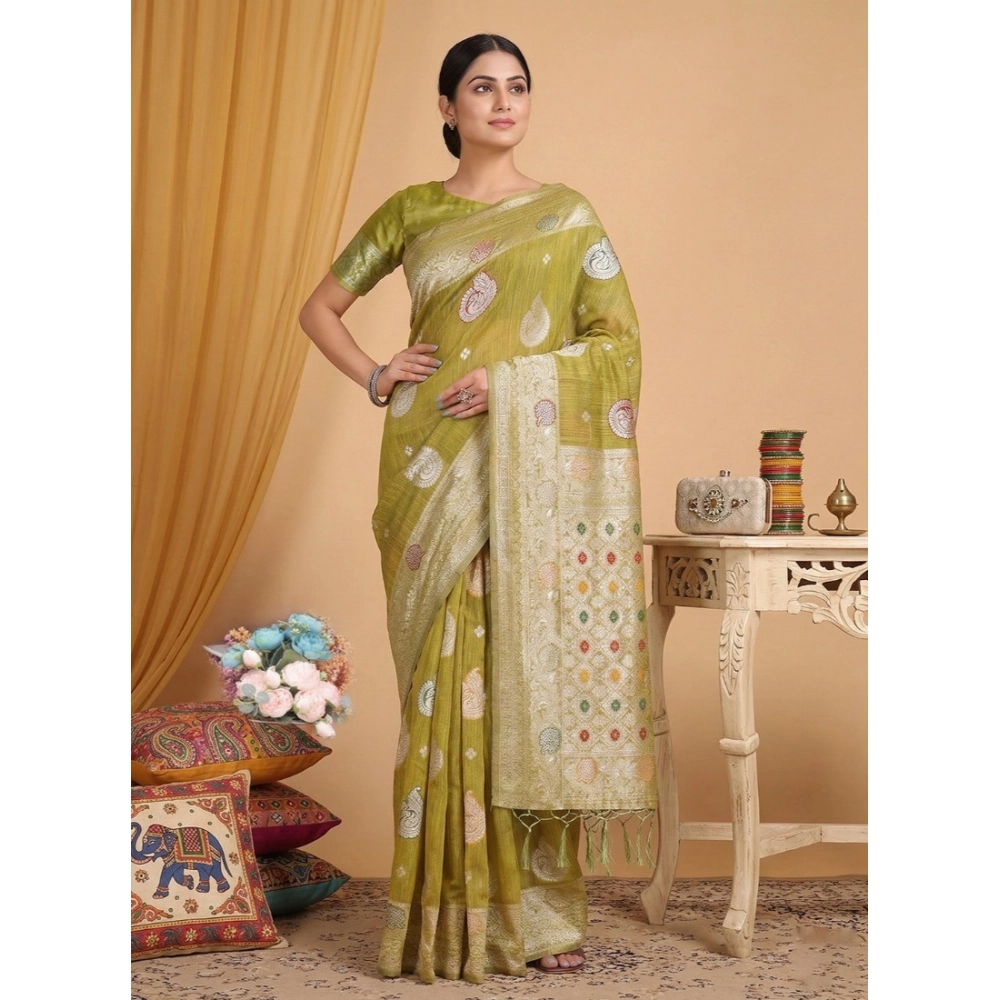 Spherevant Women's Linen Cotton Printed Saree With Unstitched Blouse 5.5Mtr (Mustard)