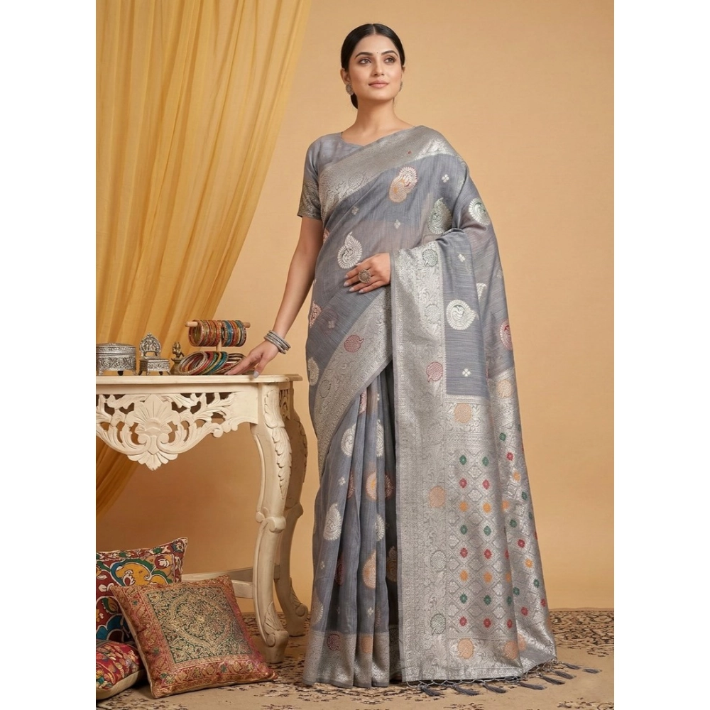 Spherevant Women's Linen Cotton Printed Saree With Unstitched Blouse 5.5Mtr (Grey)