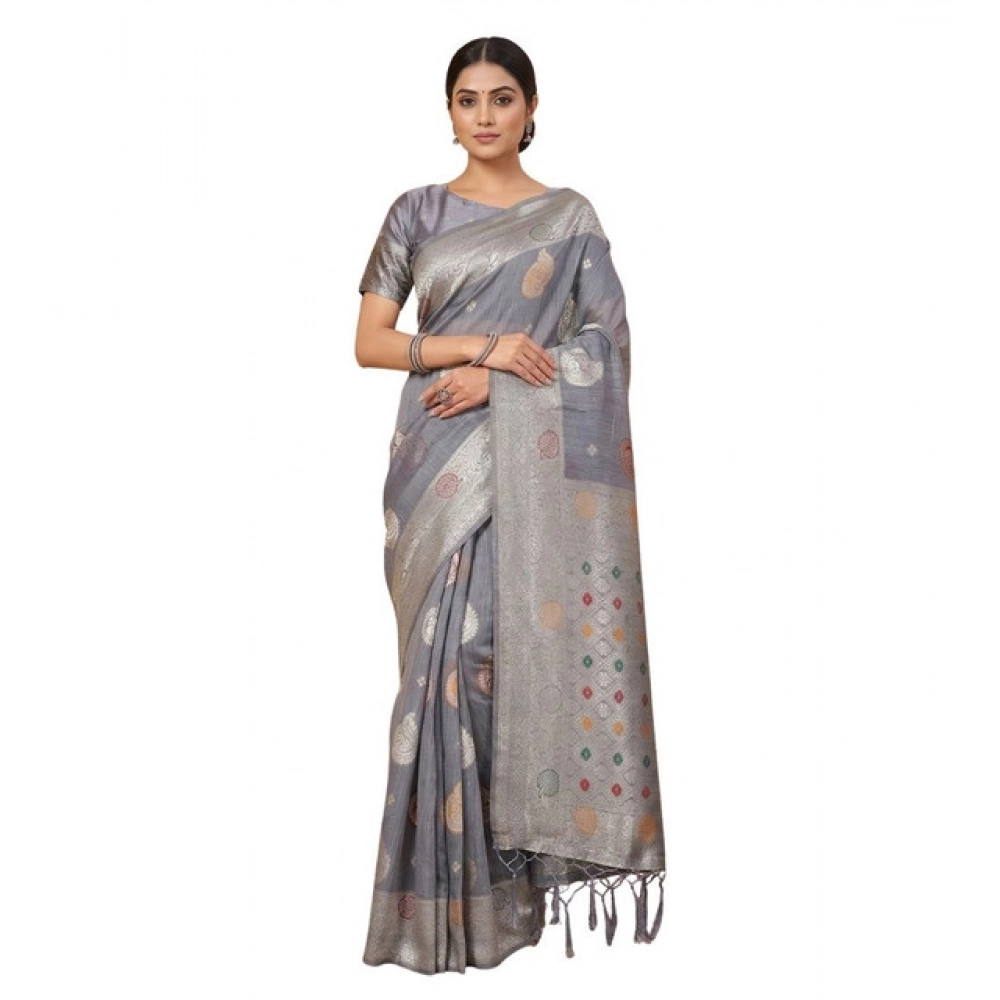 Spherevant Women's Linen Cotton Printed Saree With Unstitched Blouse 5.5Mtr (Grey) - Image 2