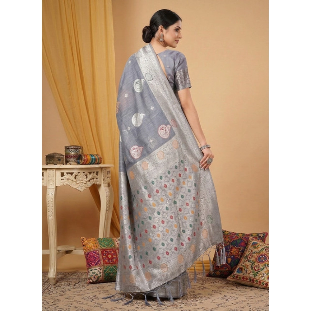 Spherevant Women's Linen Cotton Printed Saree With Unstitched Blouse 5.5Mtr (Grey) - Image 3