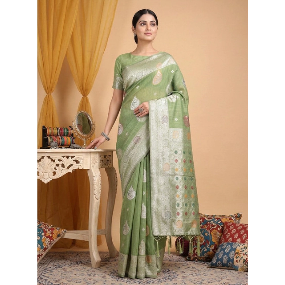 Spherevant Women's Linen Cotton Printed Saree With Unstitched Blouse 5.5Mtr (Light Green)