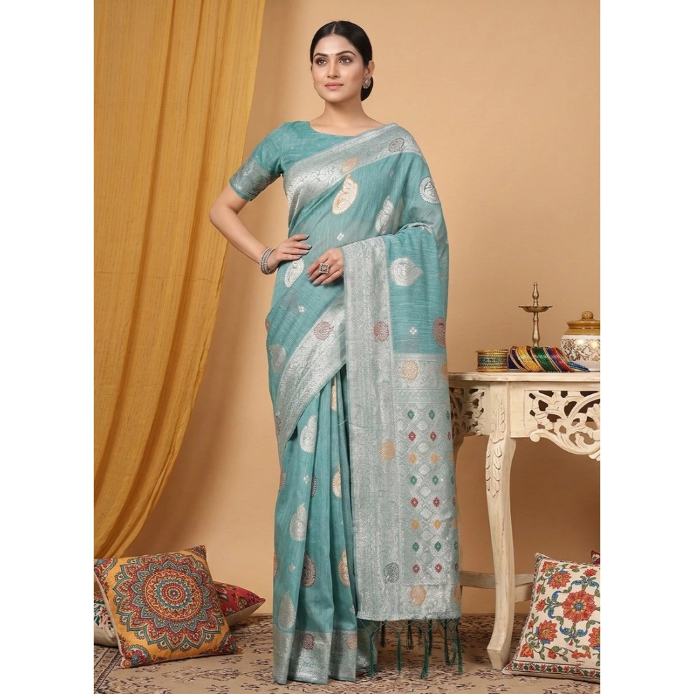 Spherevant Women's Linen Cotton Printed Saree With Unstitched Blouse 5.5Mtr (Sea Green)