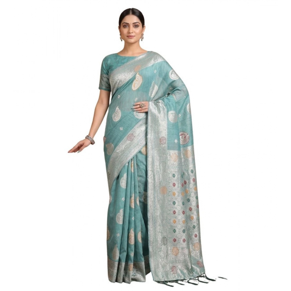 Spherevant Women's Linen Cotton Printed Saree With Unstitched Blouse 5.5Mtr (Sea Green) - Image 2