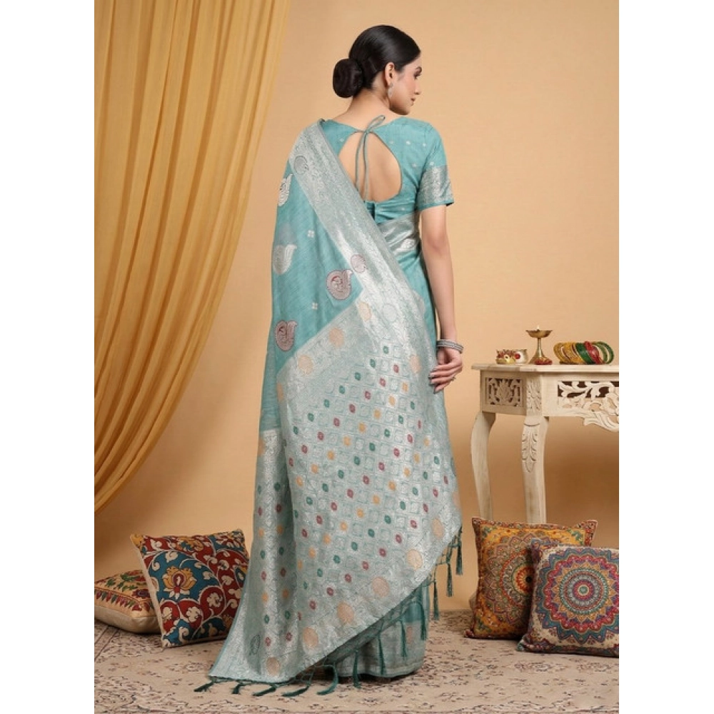 Spherevant Women's Linen Cotton Printed Saree With Unstitched Blouse 5.5Mtr (Sea Green) - Image 3