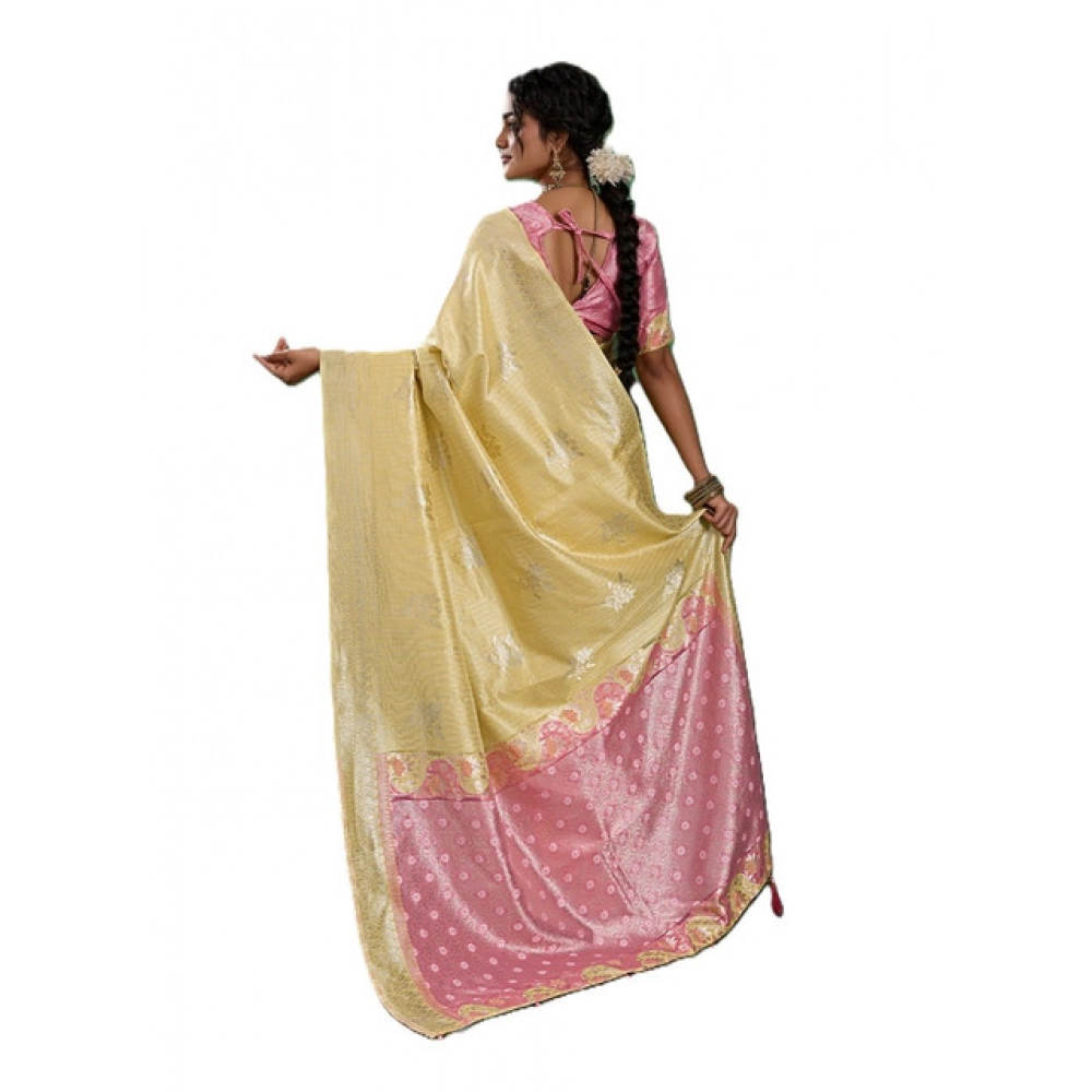 Spherevant Women's Linen Cotton Printed Saree With Unstitched Blouse 5.5Mtr (Yellow ) - Image 3