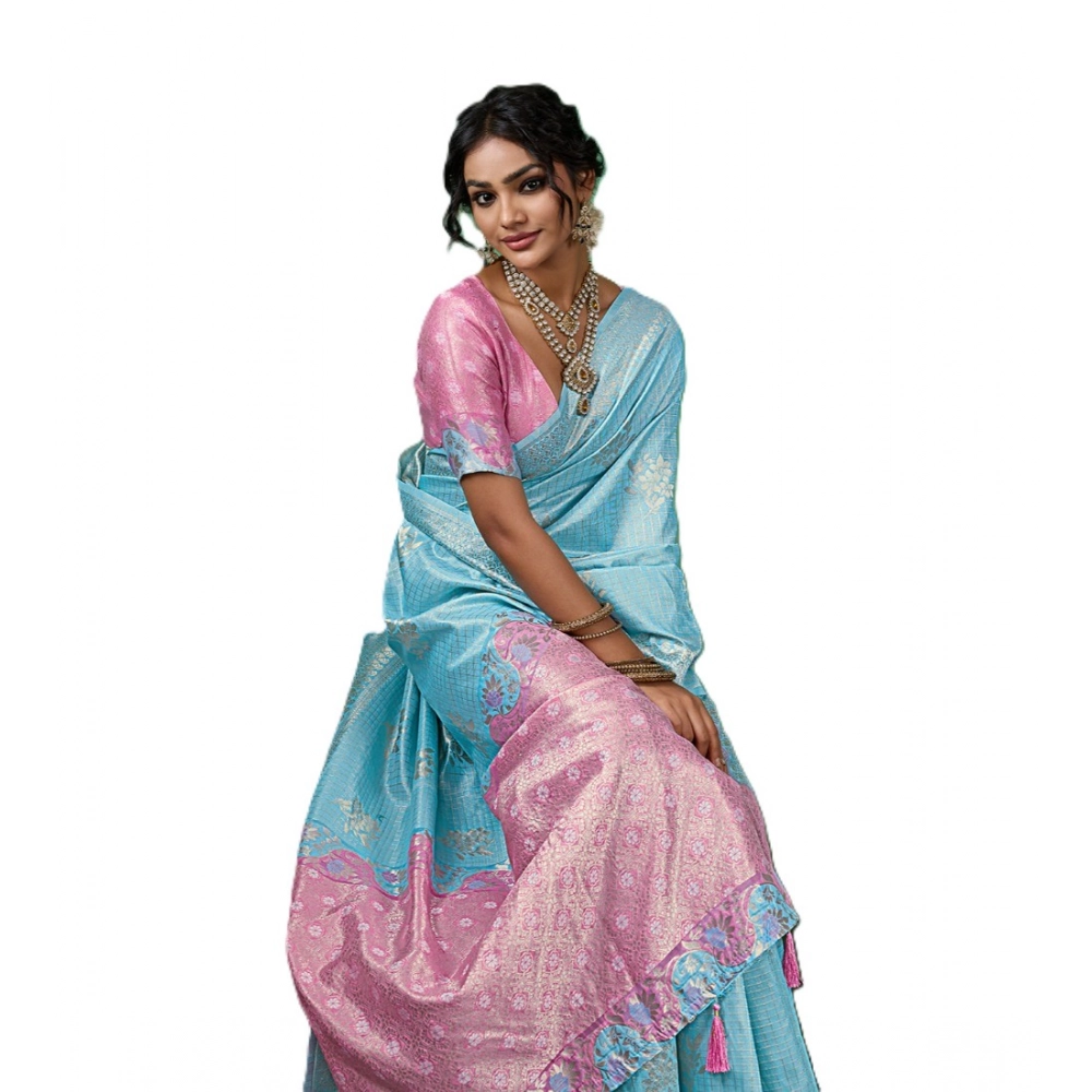 Spherevant Women's Linen Cotton Printed Saree With Unstitched Blouse 5.5Mtr (Sky Blue)