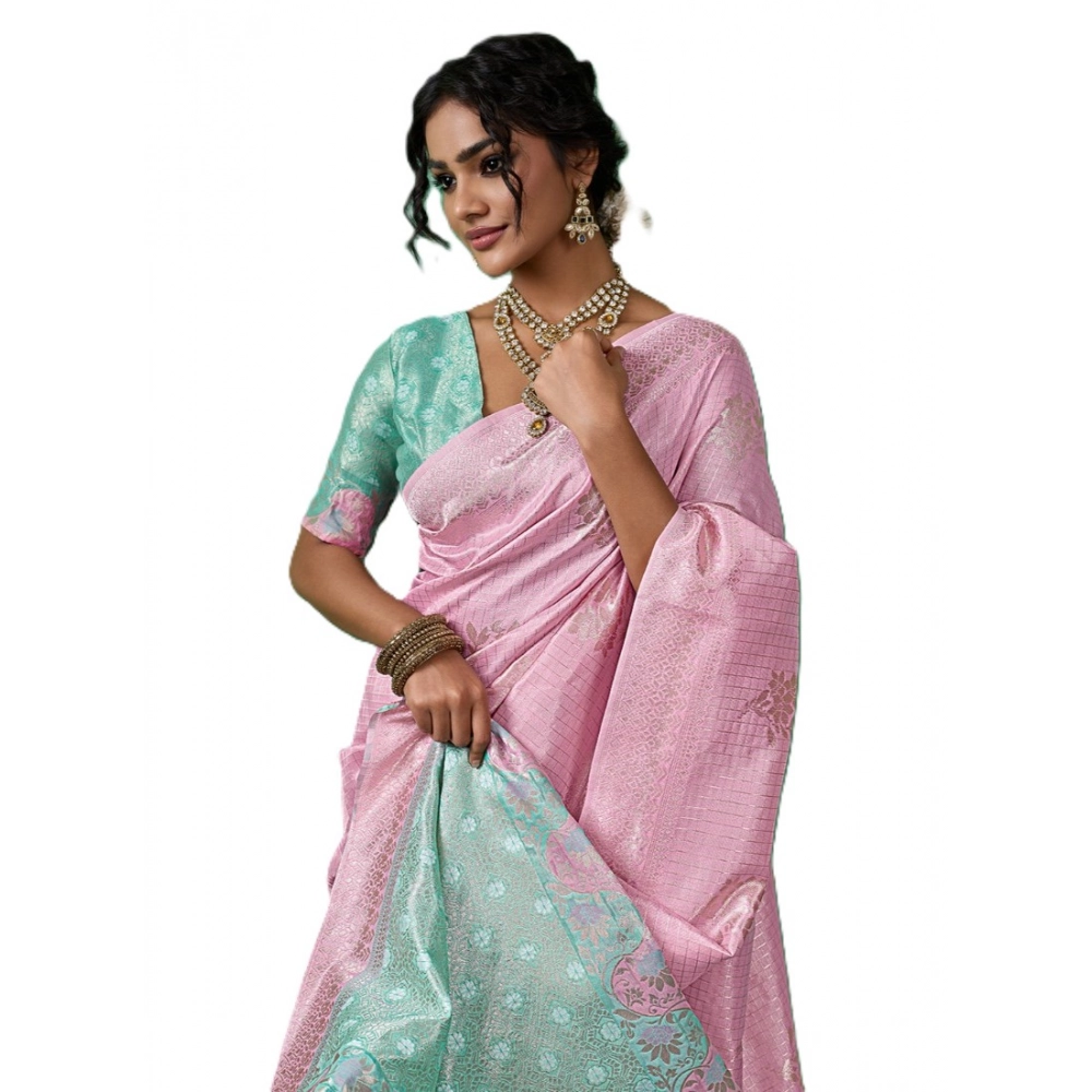 Spherevant Women's Linen Cotton Printed Saree With Unstitched Blouse 5.5Mtr (Pastel Pink)