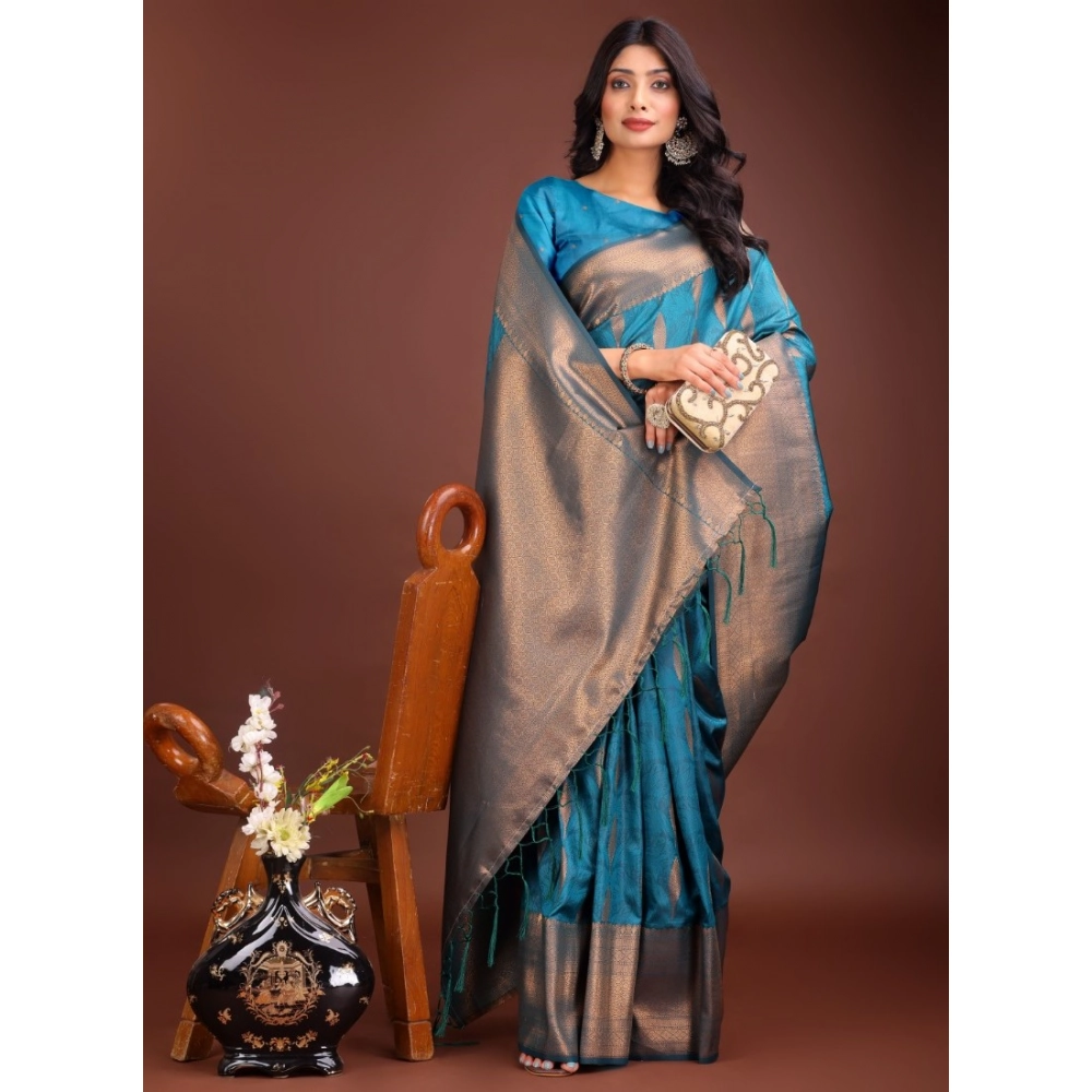 Spherevant Women's Banarasi Silk Printed Saree With Unstitched Blouse 5.5Mtr (Blue)