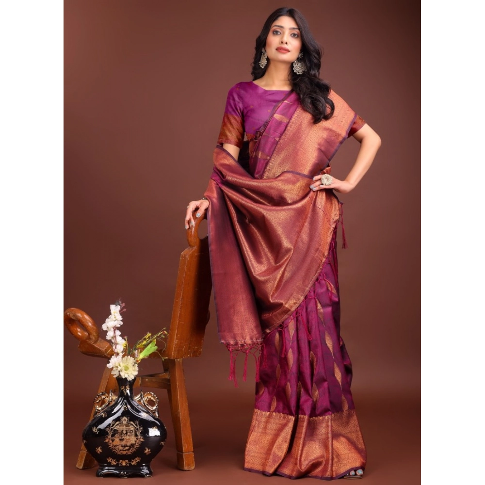 Spherevant Women's Banarasi Silk Printed Saree With Unstitched Blouse 5.5Mtr (Purple)