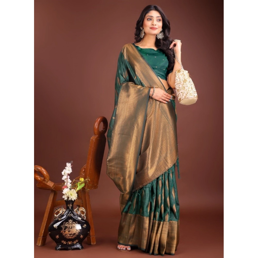 Spherevant Women's Banarasi Silk Printed Saree With Unstitched Blouse 5.5Mtr (Green)