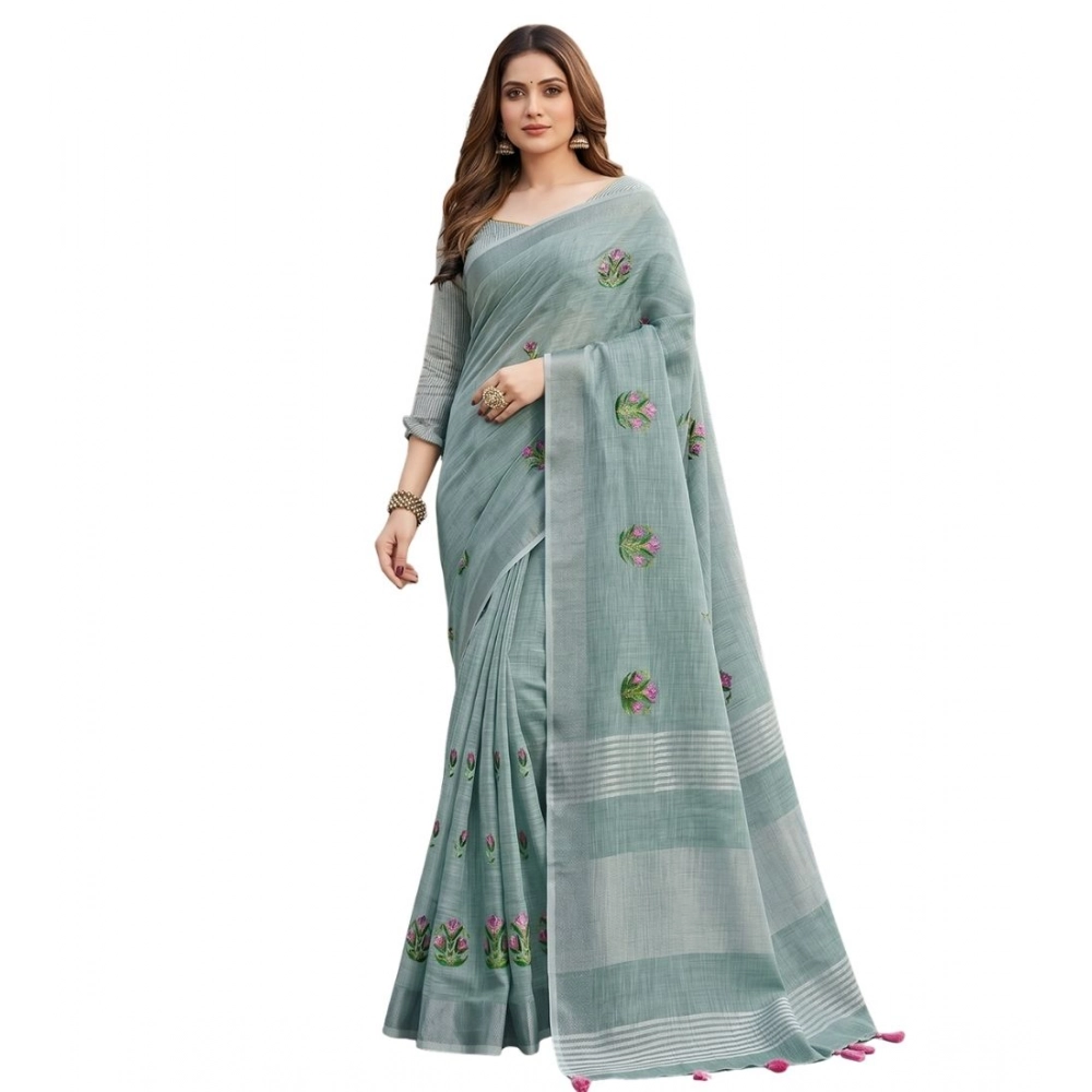 Spherevant Women's Linen Embroidered Saree With Unstitched Blouse 5.5Mtr (Sea Green) - Image 2