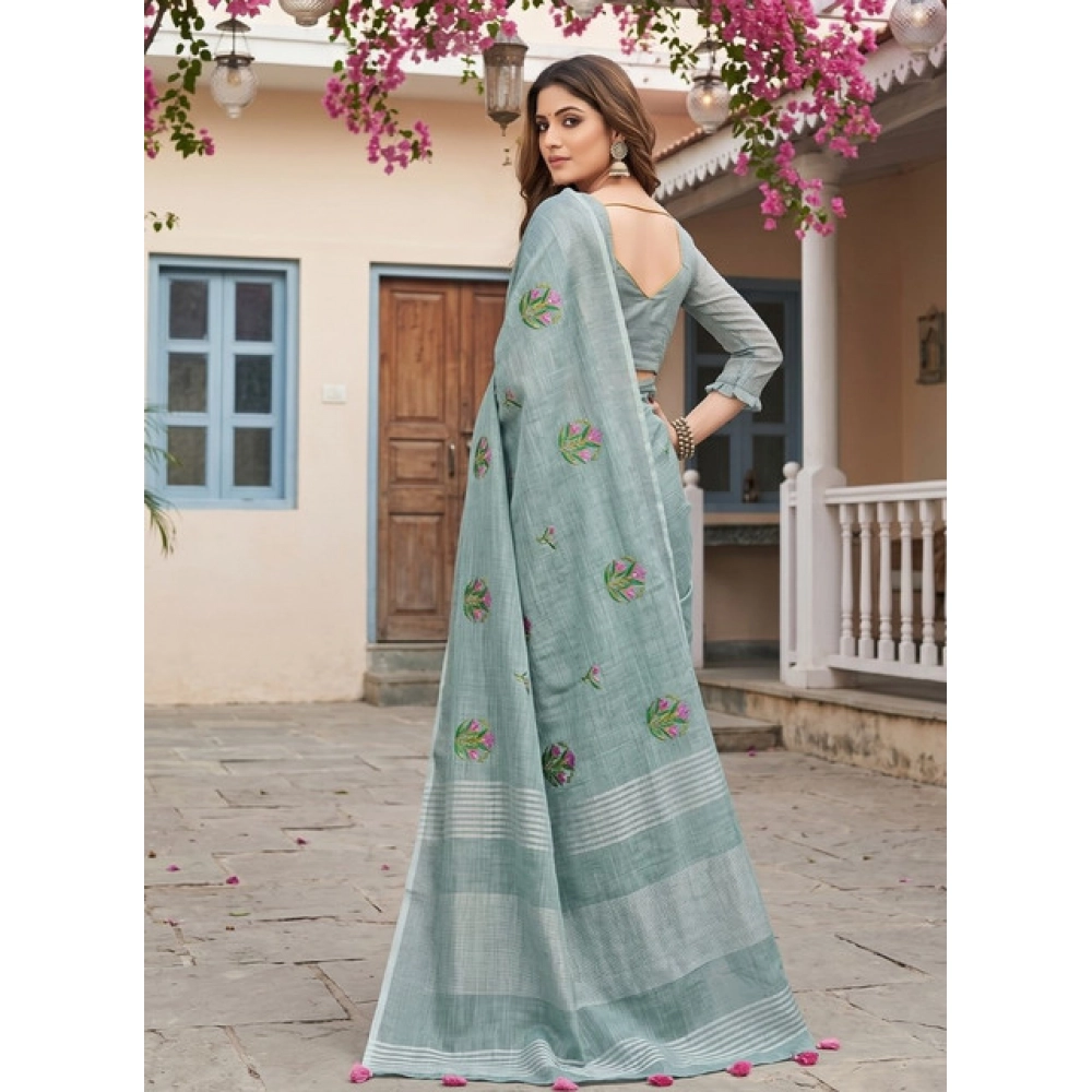 Spherevant Women's Linen Embroidered Saree With Unstitched Blouse 5.5Mtr (Sea Green) - Image 3