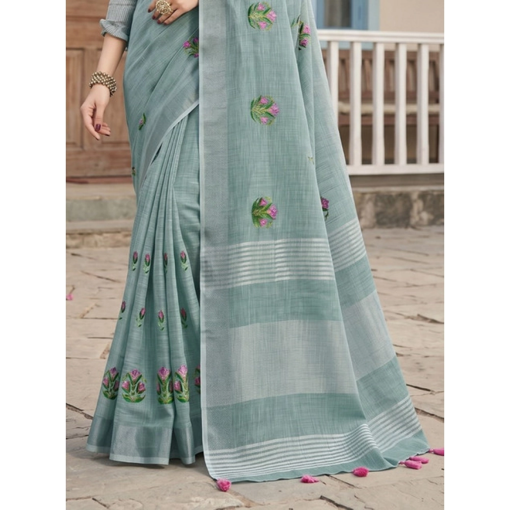 Spherevant Women's Linen Embroidered Saree With Unstitched Blouse 5.5Mtr (Sea Green) - Image 4