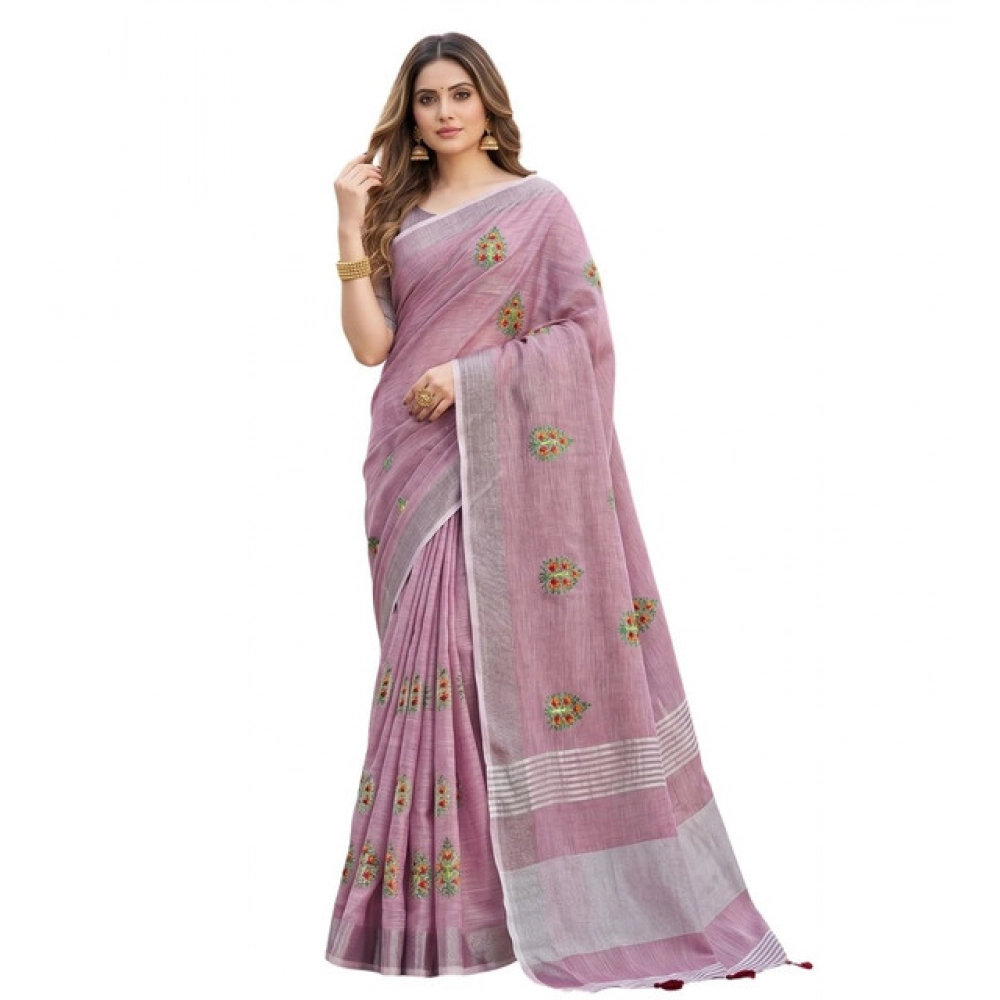 Spherevant Women's Linen Embroidered Saree With Unstitched Blouse 5.5Mtr (Light Purple) - Image 2