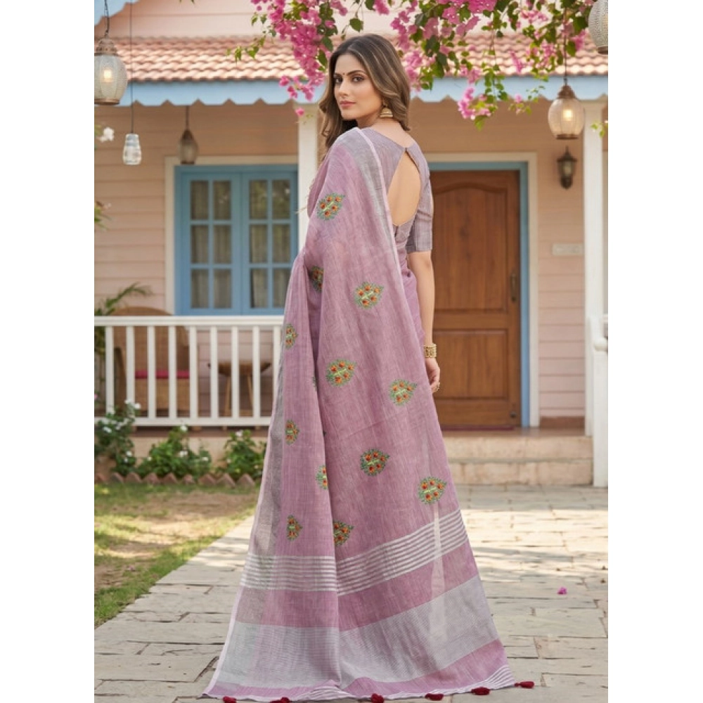 Spherevant Women's Linen Embroidered Saree With Unstitched Blouse 5.5Mtr (Light Purple) - Image 3