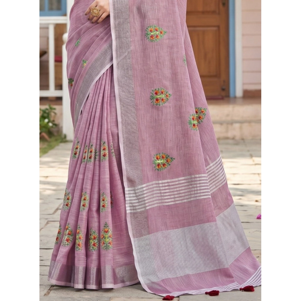 Spherevant Women's Linen Embroidered Saree With Unstitched Blouse 5.5Mtr (Light Purple) - Image 4