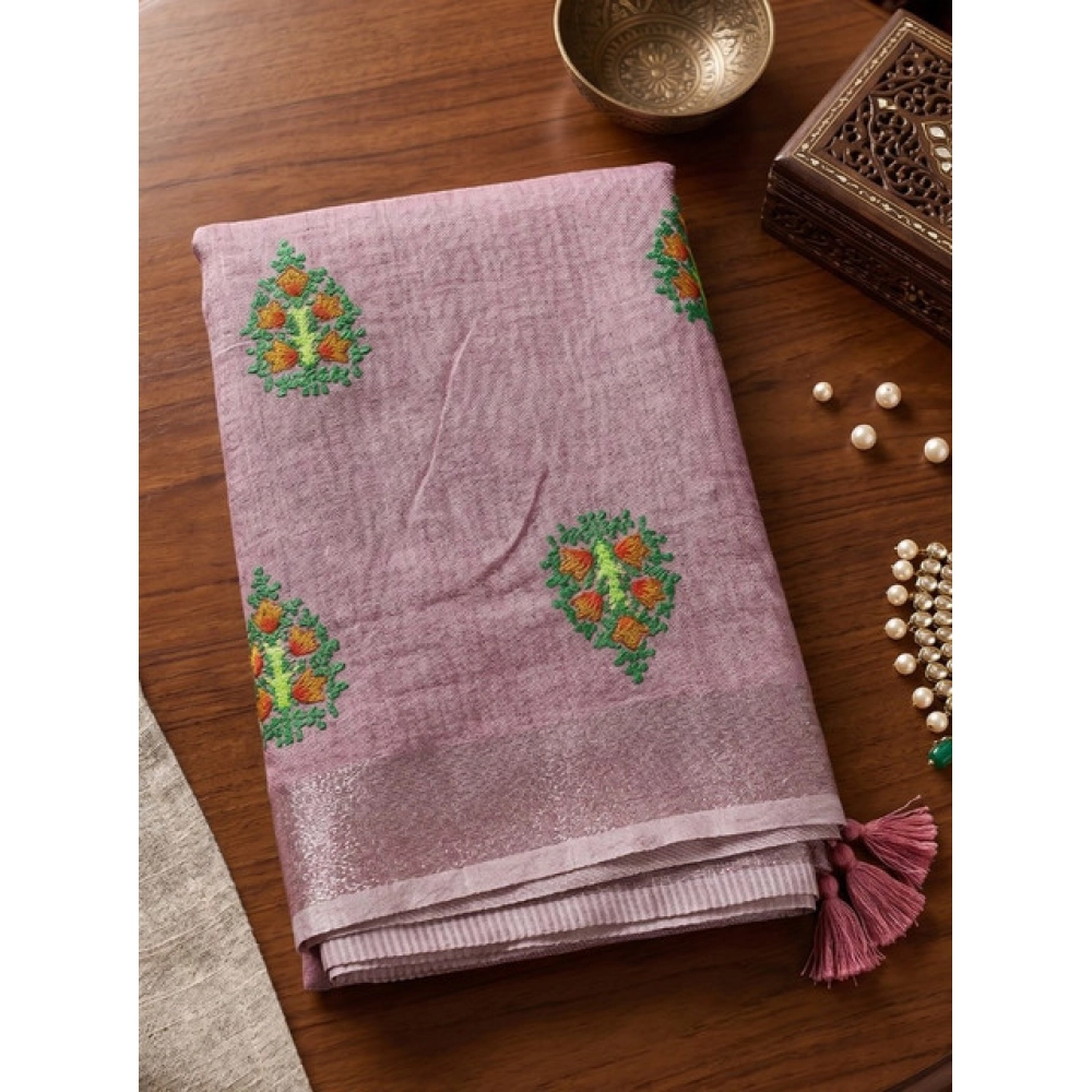 Spherevant Women's Linen Embroidered Saree With Unstitched Blouse 5.5Mtr (Light Purple) - Image 5