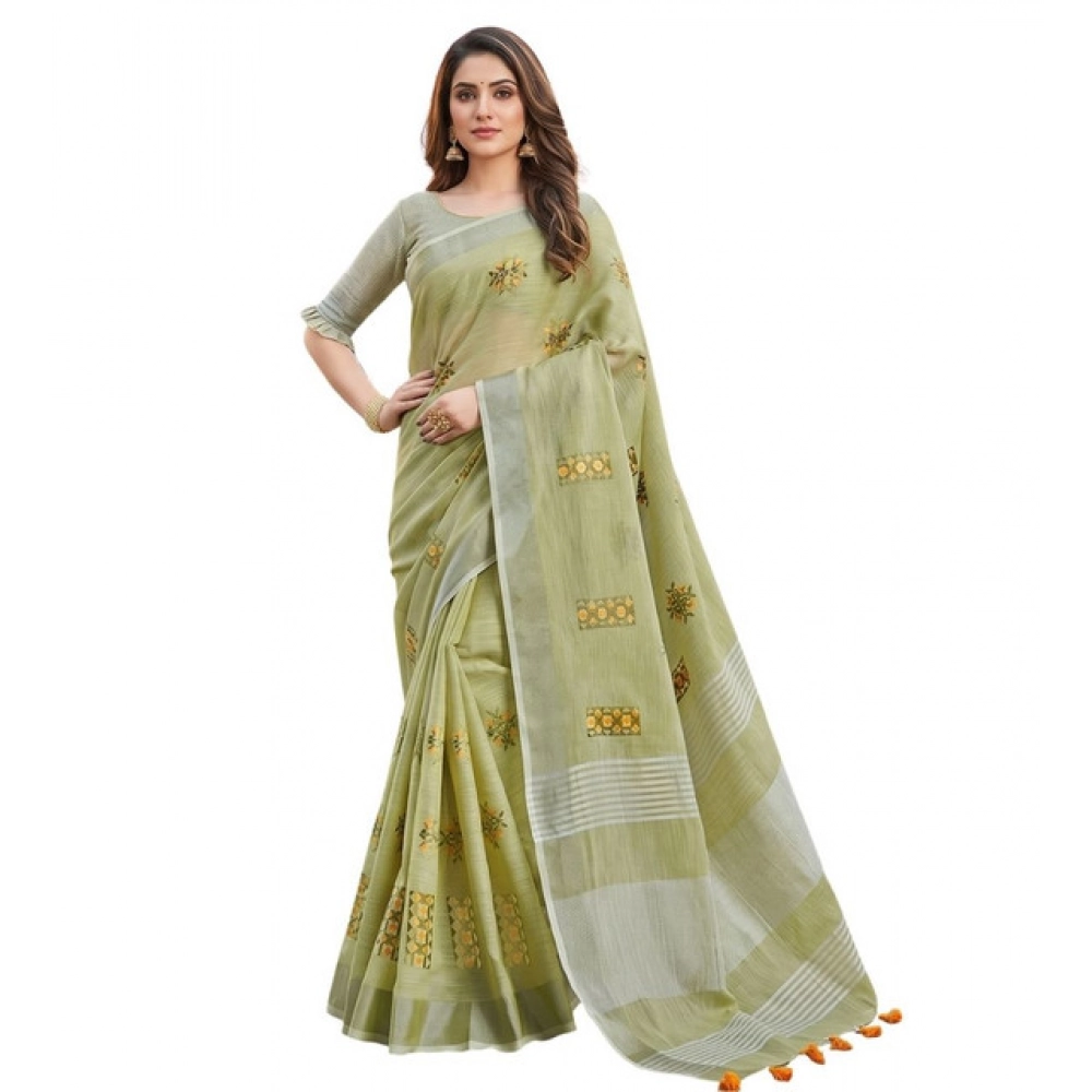 Spherevant Women's Linen Embroidered Saree With Unstitched Blouse 5.5Mtr (Light Green) - Image 2