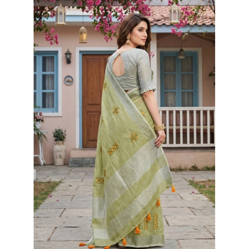 Spherevant Women's Linen Embroidered Saree With Unstitched Blouse 5.5Mtr (Light Green) - Image 3