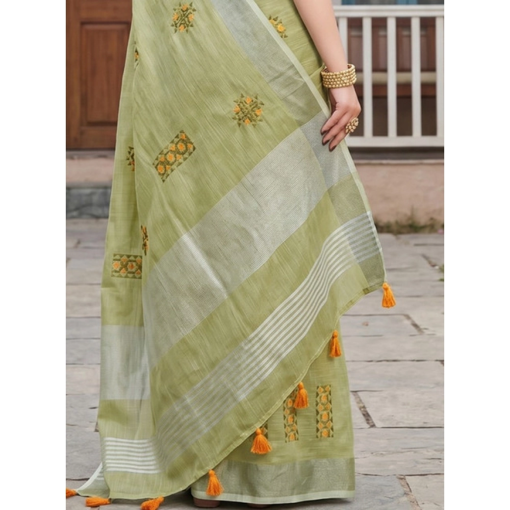 Spherevant Women's Linen Embroidered Saree With Unstitched Blouse 5.5Mtr (Light Green) - Image 4