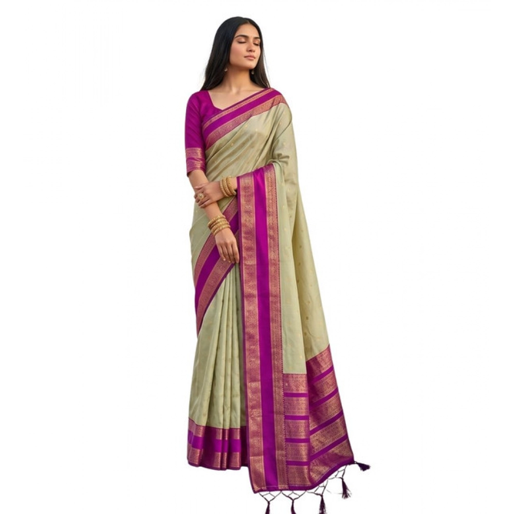 Spherevant Women's Silk Blend Printed Saree With Unstitched Blouse 5.5Mtr (Light Green-Pink) - Image 2