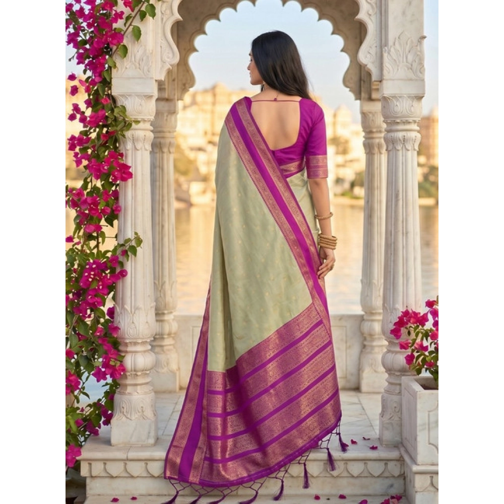 Spherevant Women's Silk Blend Printed Saree With Unstitched Blouse 5.5Mtr (Light Green-Pink) - Image 3