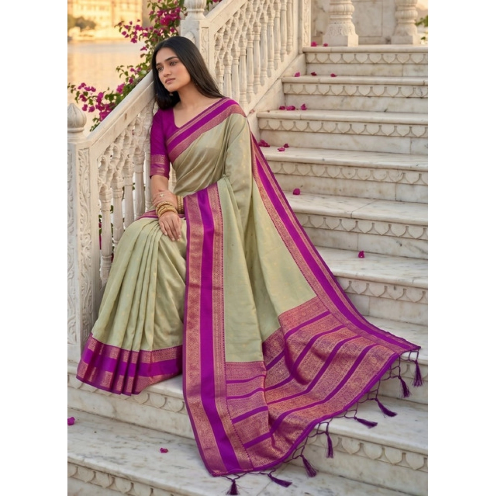 Spherevant Women's Silk Blend Printed Saree With Unstitched Blouse 5.5Mtr (Light Green-Pink) - Image 4