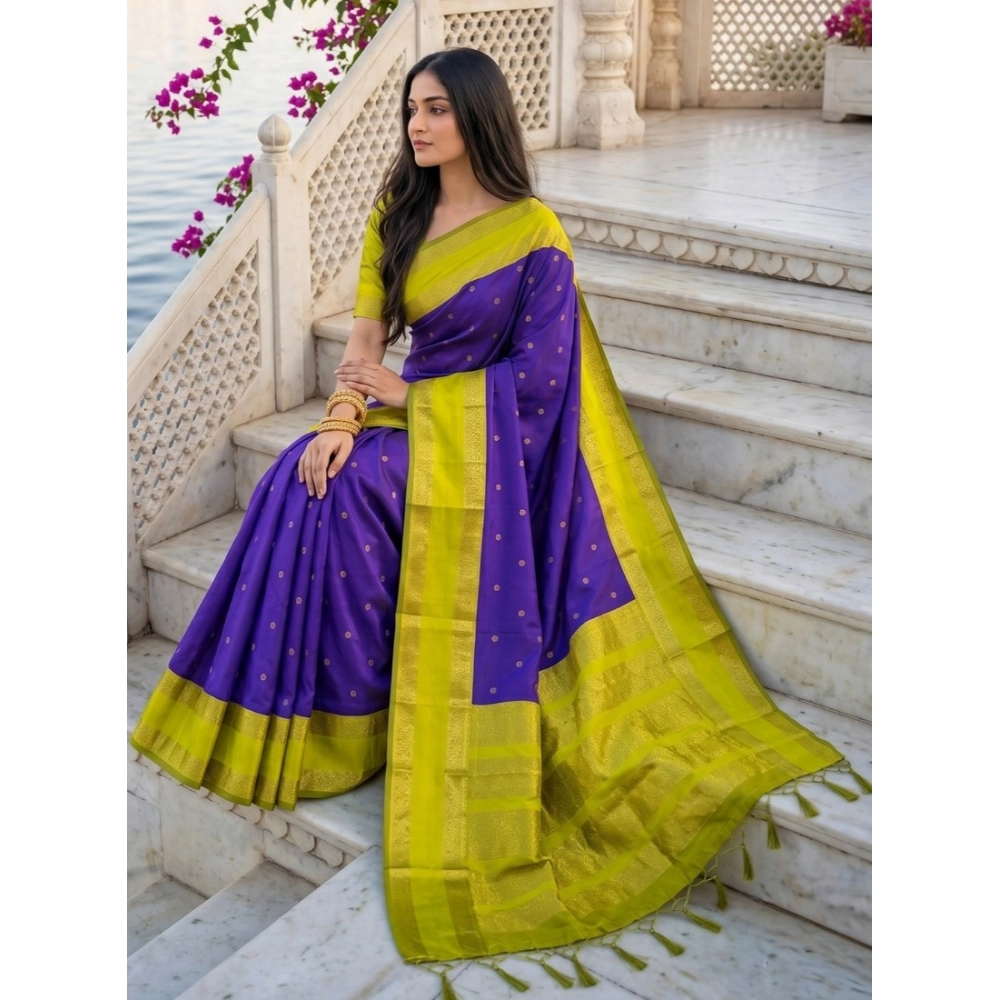 Spherevant Women's Silk Blend Printed Saree With Unstitched Blouse 5.5Mtr (Purple-Green)