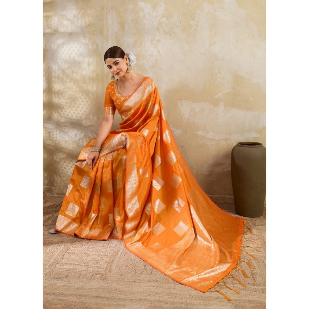 Spherevant Women's Silk Blend Printed Saree With Unstitched Blouse 5.5Mtr (Orange)