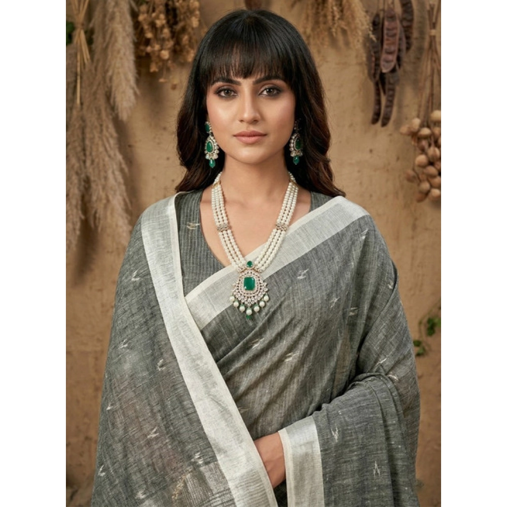 Spherevant Women's Linen Cotton Printed Saree With Unstitched Blouse 5.5Mtr (Gray)