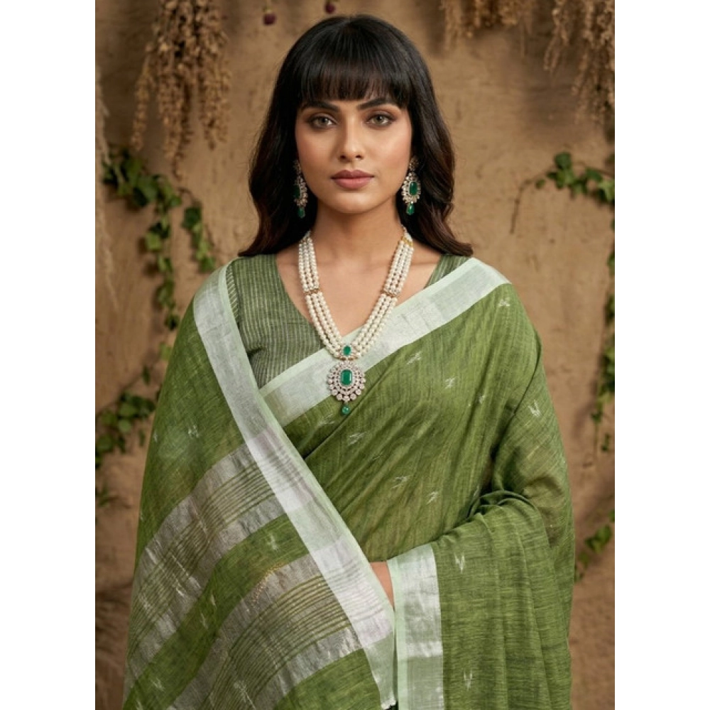 Spherevant Women's Linen Cotton Printed Saree With Unstitched Blouse 5.5Mtr (Green)