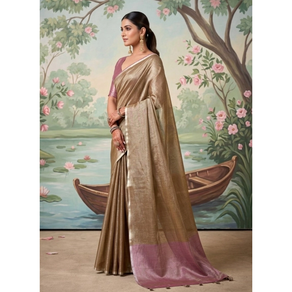Spherevant Women's Tissue Silk Solid Saree With Unstitched Blouse 5.5Mtr (Brown)