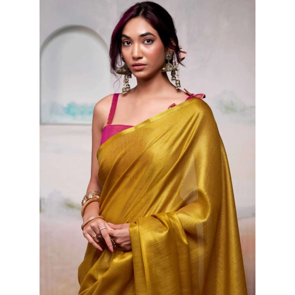 Spherevant Women's Tissue Silk Solid Saree With Unstitched Blouse 5.5Mtr (Yellow)